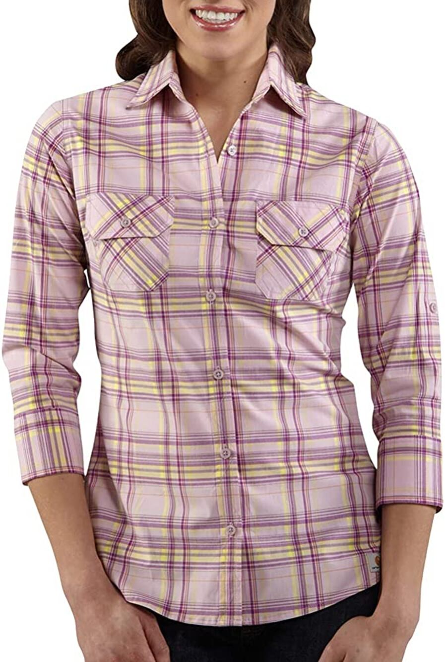 Carhartt Women's Roll Up Sleeve Light Orchid Plaid Shirt Poplin